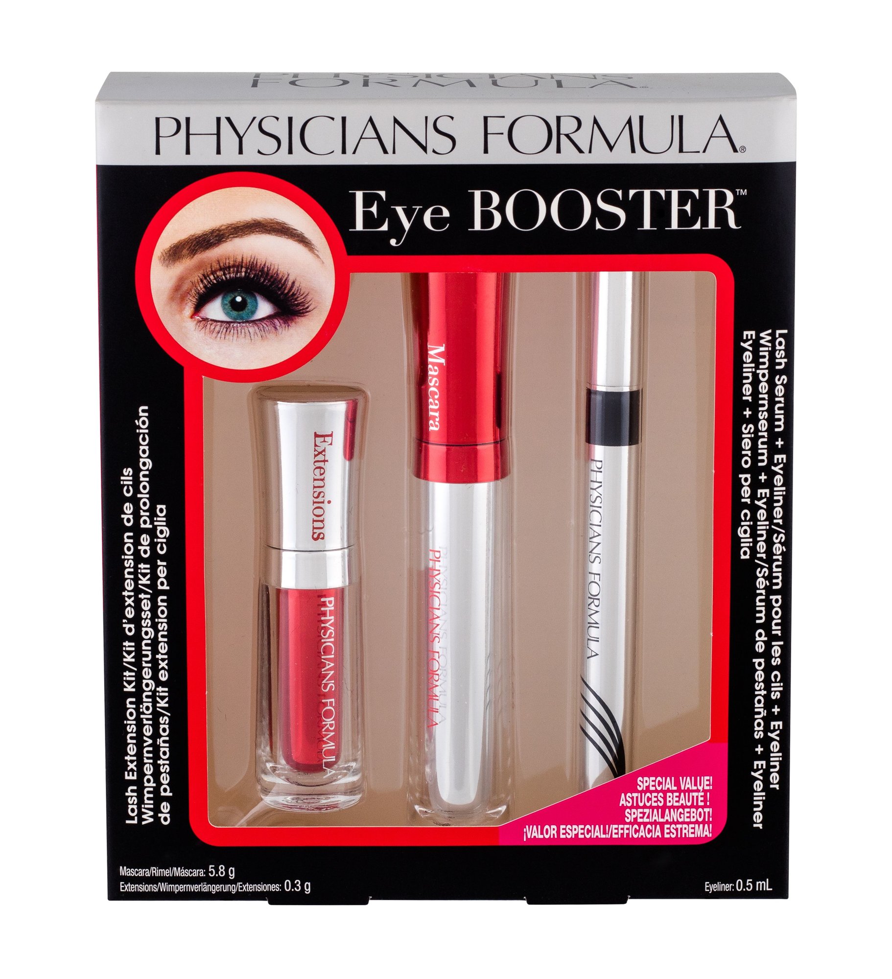 Physicians Formula Eye Booster Lash Extension Kit 5,8g Mascara 5,8 g + Extensions 0,3 g + Eyebrow Gel 6,5 g + Eyebrow Pencil 1,8 g Universal blakstienų tušas Rinkinys (Pažeista pakuotė)