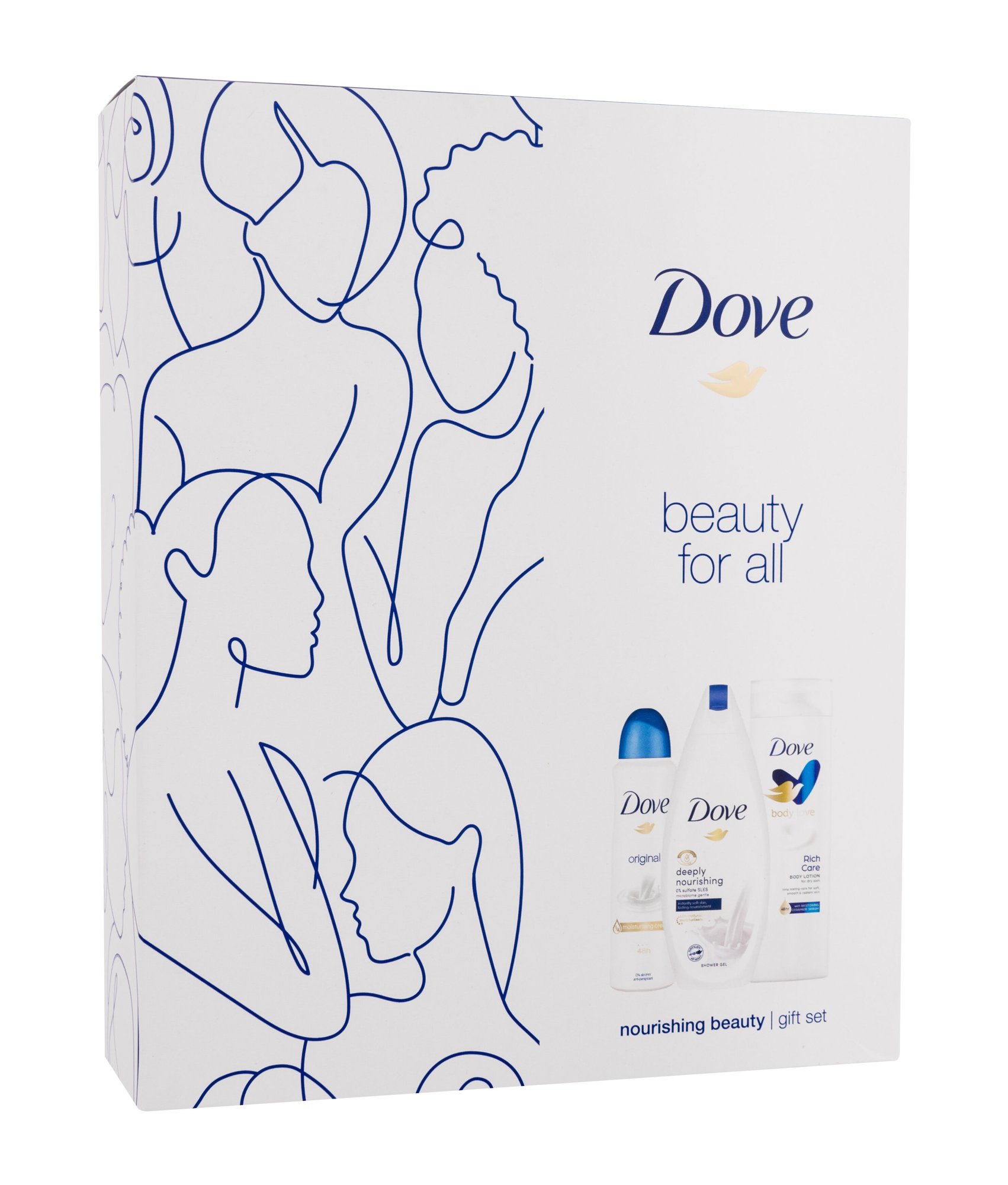 Dove Nourishing Beauty Gift Set 250ml Shower Gel Deeply Nourishing 250 ml + Body Lotion Rich Care 250 ml + Antiperspirant Original 150 ml dušo želė Rinkinys (Pažeista pakuotė)