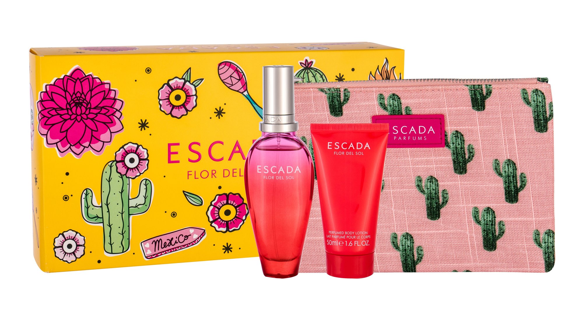 Escada Flor del Sol 50ml Edt 50 ml + Body Lotion 50 ml + Cosmetic Bag Kvepalai Moterims EDT Rinkinys (Pažeista pakuotė)