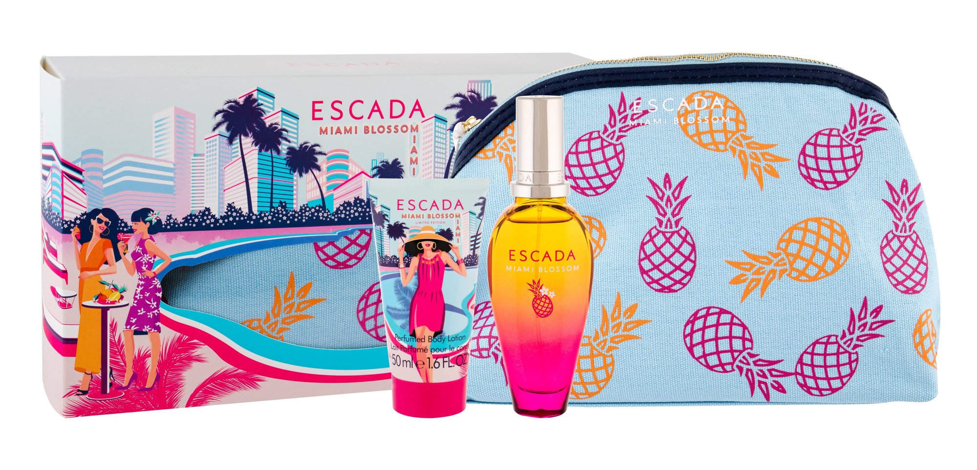 Escada Miami Blossom 50ml Edt 50 ml + Body Lotion 50 ml + Cosmetic Bag Kvepalai Moterims EDT Rinkinys (Pažeista pakuotė)