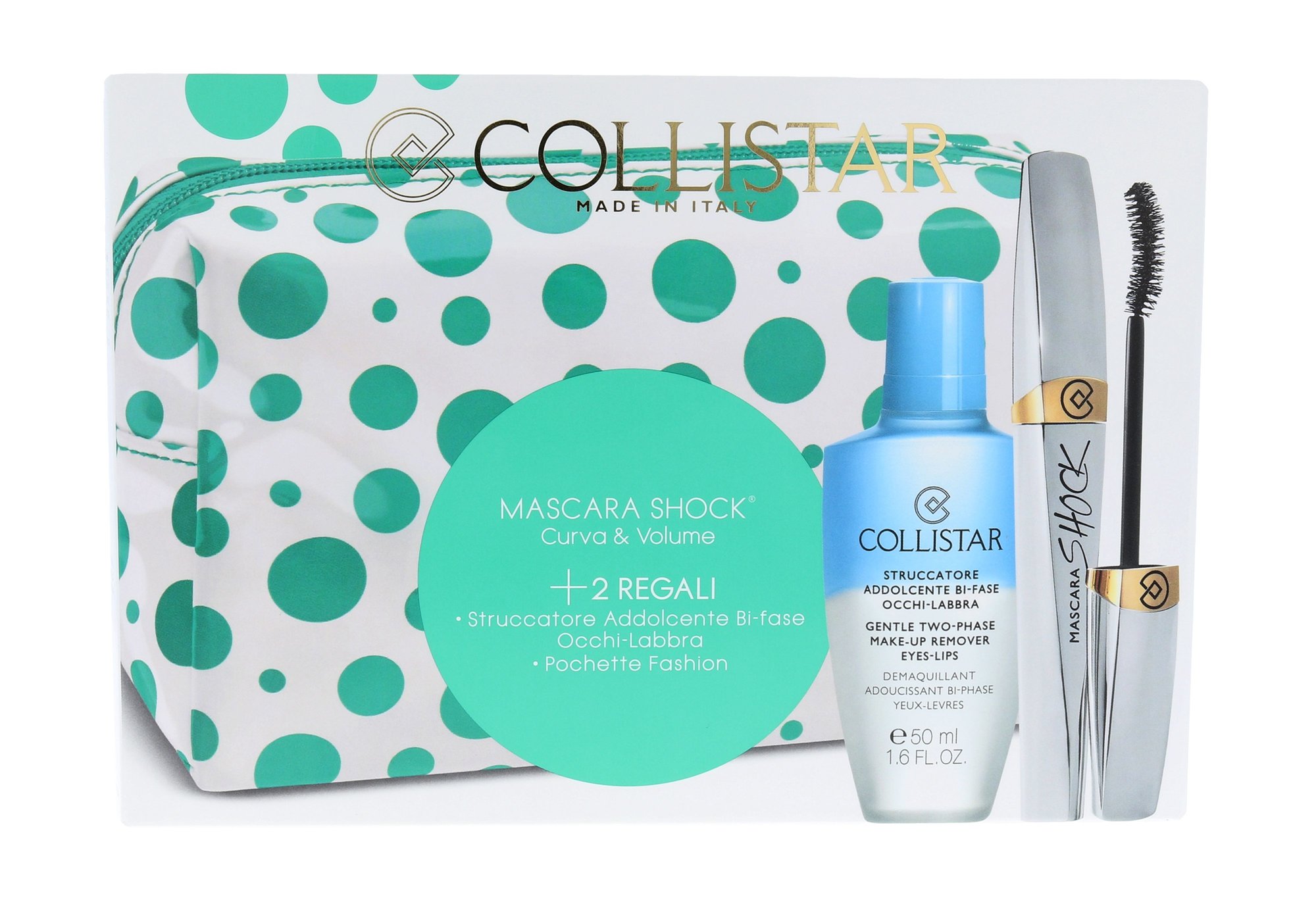 Collistar Shock 8ml Mascara 8 ml + Make Up Remover Gentle Two Phase 50 ml + Cosmetic Bag blakstienų tušas Rinkinys (Pažeista pakuotė)
