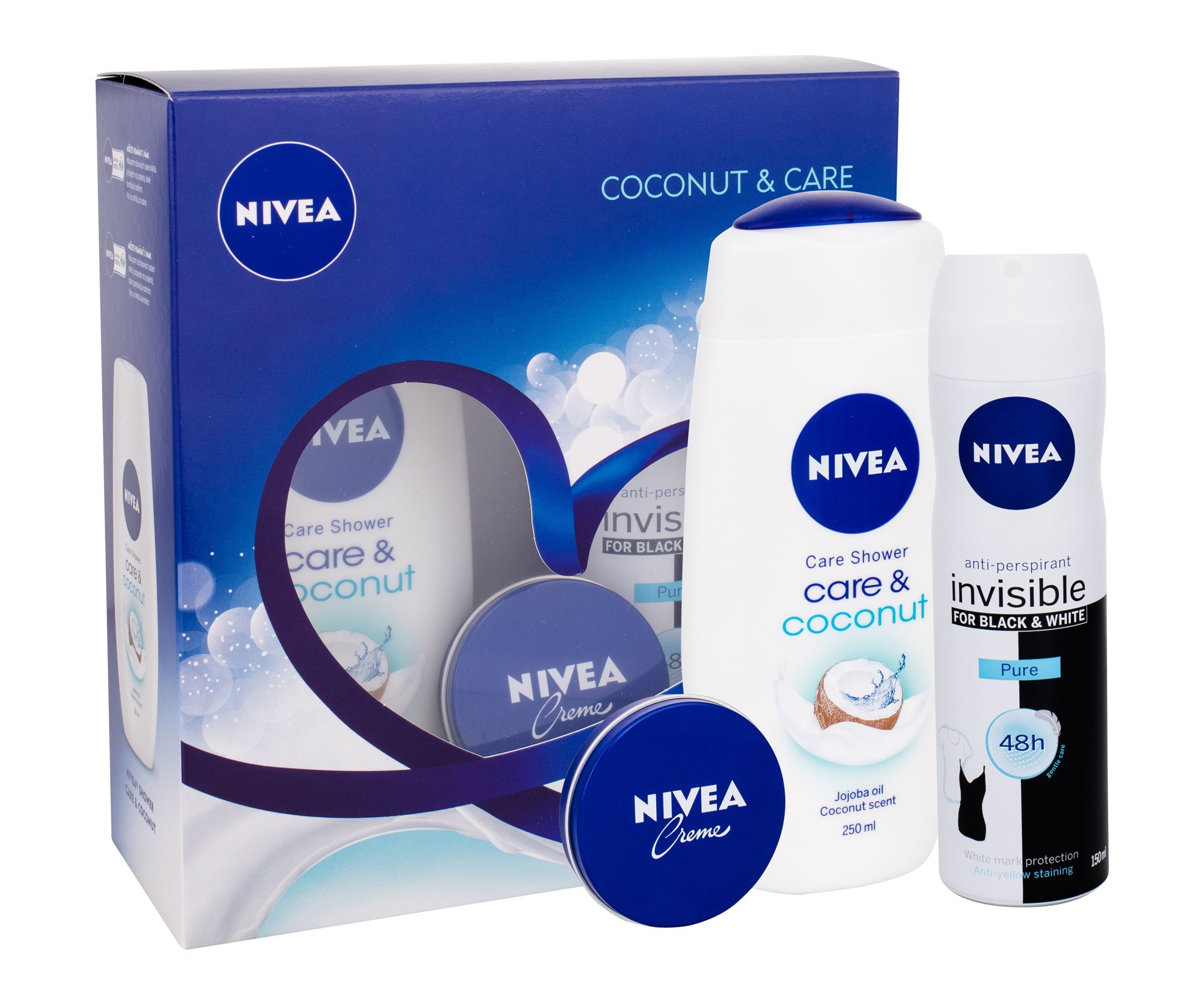 Nivea Care & Coconut 250ml Shower Gel Care & Coconut 250 ml + Anti-perspirant Invisible For Black & White Pure 150 ml + Nivea Creme 30 ml dušo želė Rinkinys