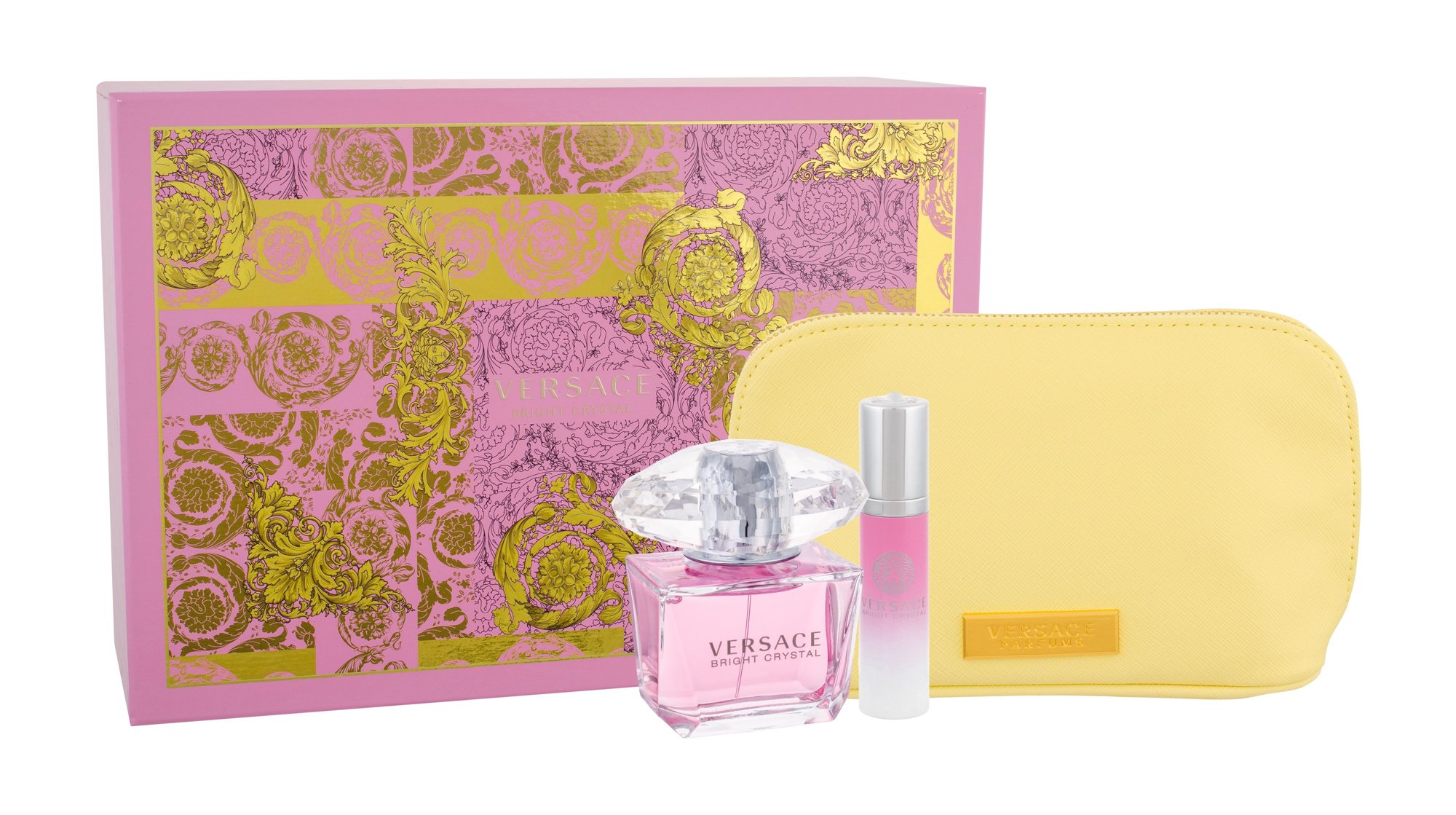 Versace Bright Crystal 90ml Edt 90 ml + Edt 10 ml + Cosmetic Bag Kvepalai Moterims EDT Rinkinys (Pažeista pakuotė)