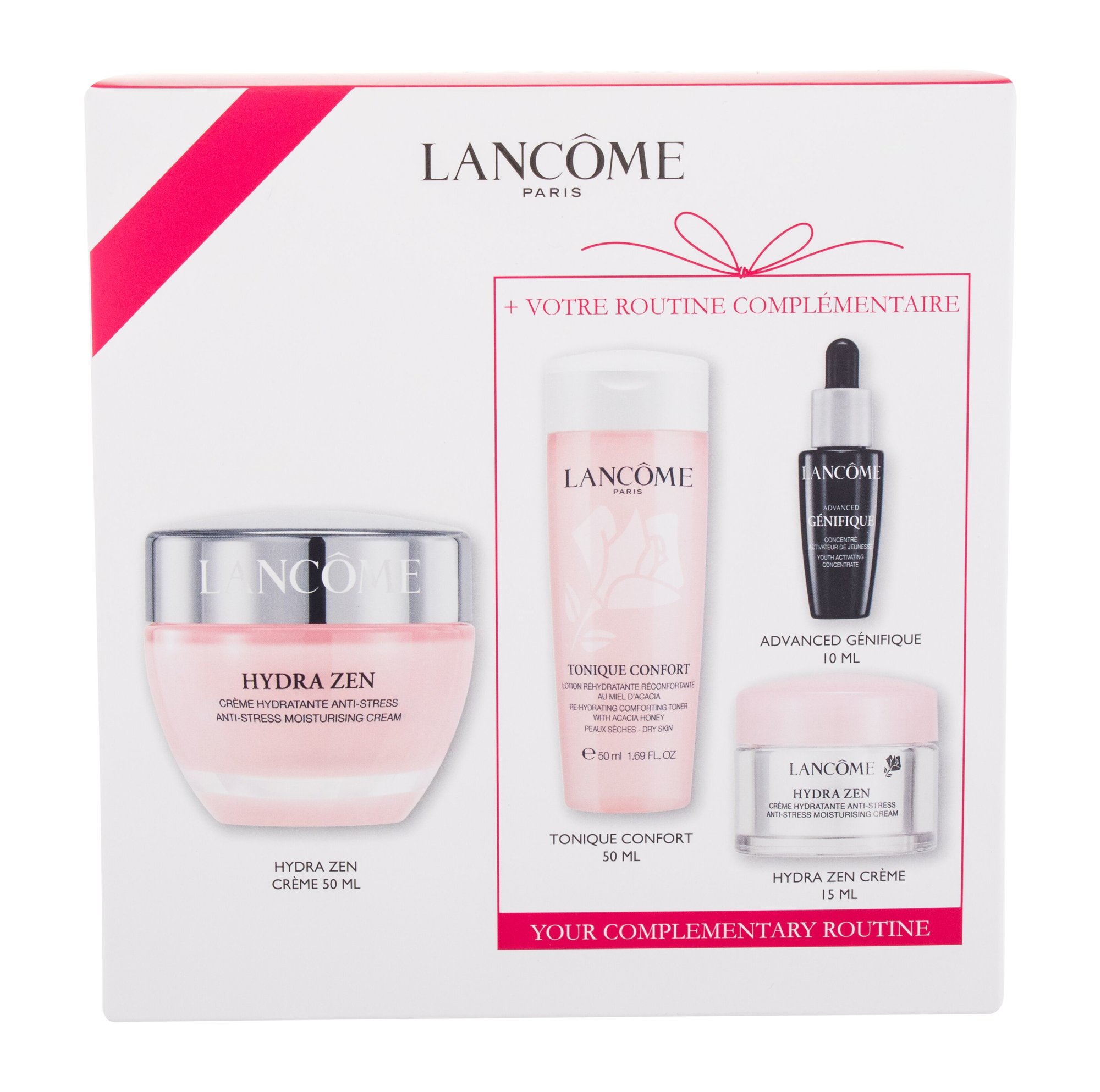 Lancome Hydra Zen My Soothing Routine Kit 50ml Hydra Zen Moisturizing Day Cream 50 ml + Hydra Zen Moisturizing Day Cream 15 ml + Tonique Confort Comforting Toner 50 ml + Advanced Génifique Youth Activating Concentrate 10 ml dieninis kremas Rinkinys