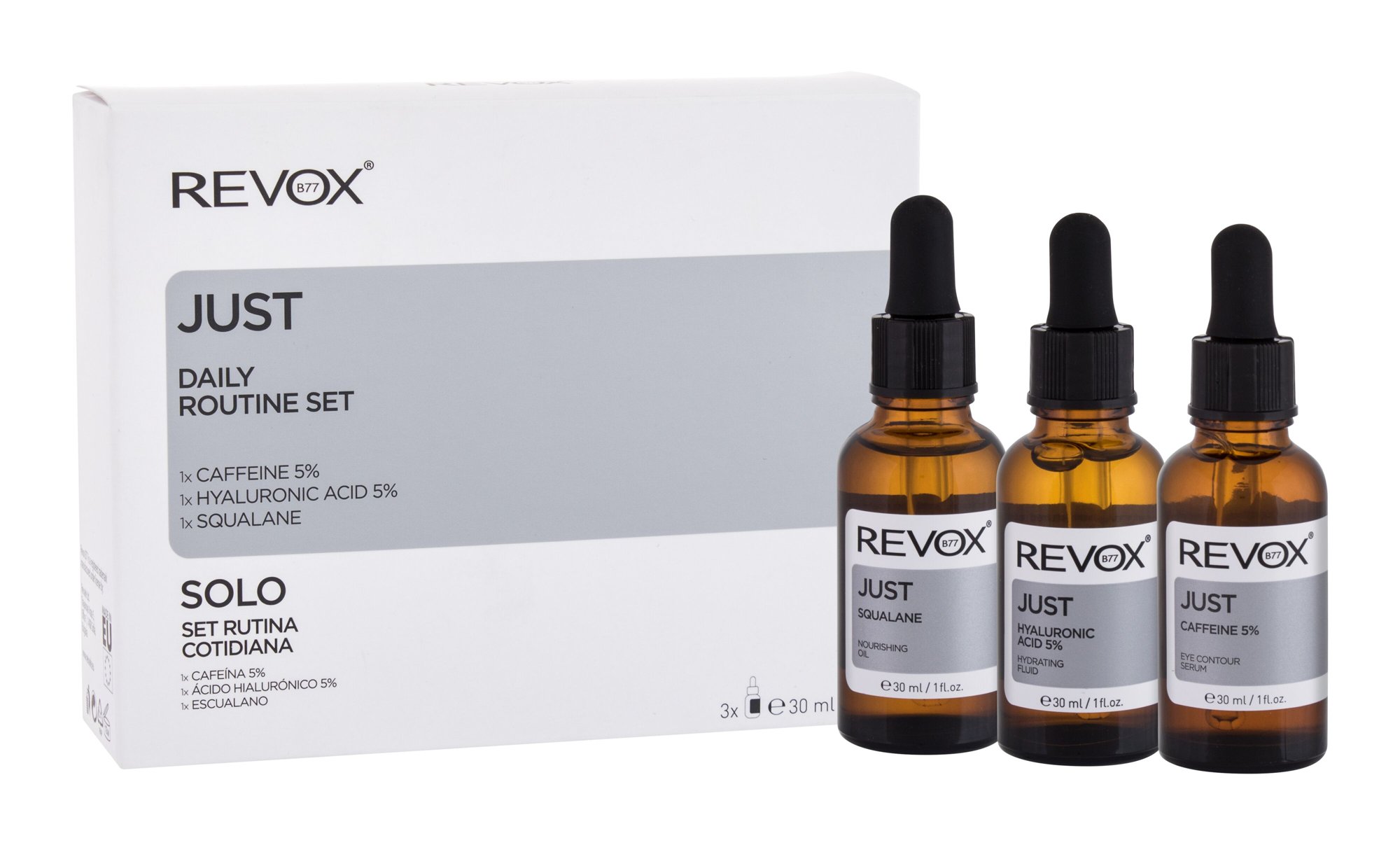 Revox Just Daily Routine Set 30ml Facial Serum B77 Just Hyaluronic Acid 5% 30 ml + Eye Serum B77 Just Caffeine 5% 30 ml + Facial Oil B77 Just Squalane 30 ml Veido serumas Rinkinys (Pažeista pakuotė)