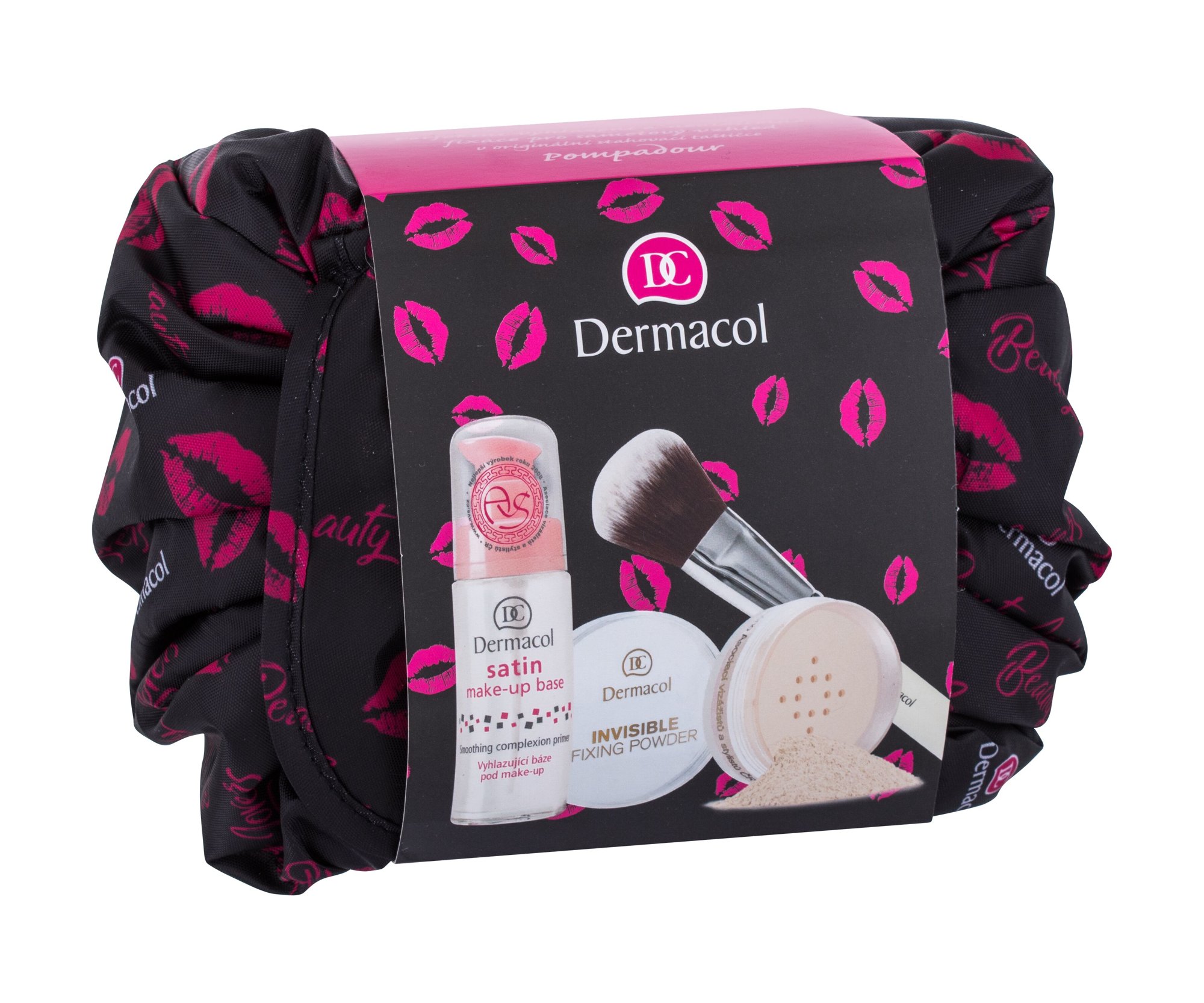 Dermacol Satin 30g Make-Up Base 30 ml + Fixing Powder Invisible 13 g Light + Cosmetic Brush Master 1 ks + Cosmetic Bag primeris Rinkinys (Pažeista pakuotė)