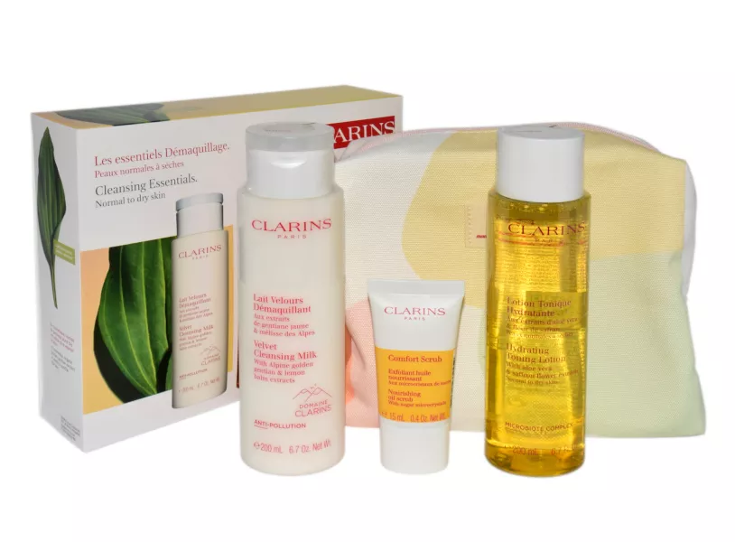 Clarins Velvet Cleansing Milk 200ml + Hydrating Toning Lotion 200ml + Comfort Scrub 15ml + Cosmetics Bag