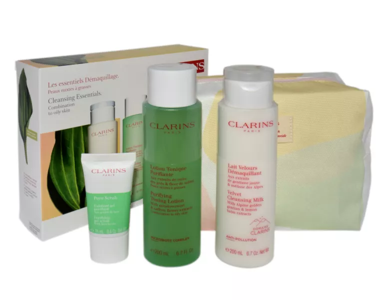 Clarins Velvet Cleansing Milk 200ml + Purifying Toning Lotion 200ml + Pure Scrub 15ml + Cosmetics Bag
