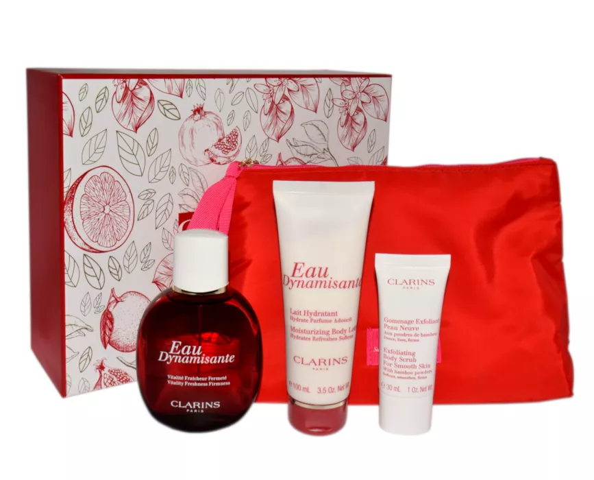 Clarins Eau Dynamisante 100ml + Eau Dynamisante Body Lotion 100ml + Exfoliating Body Scrub