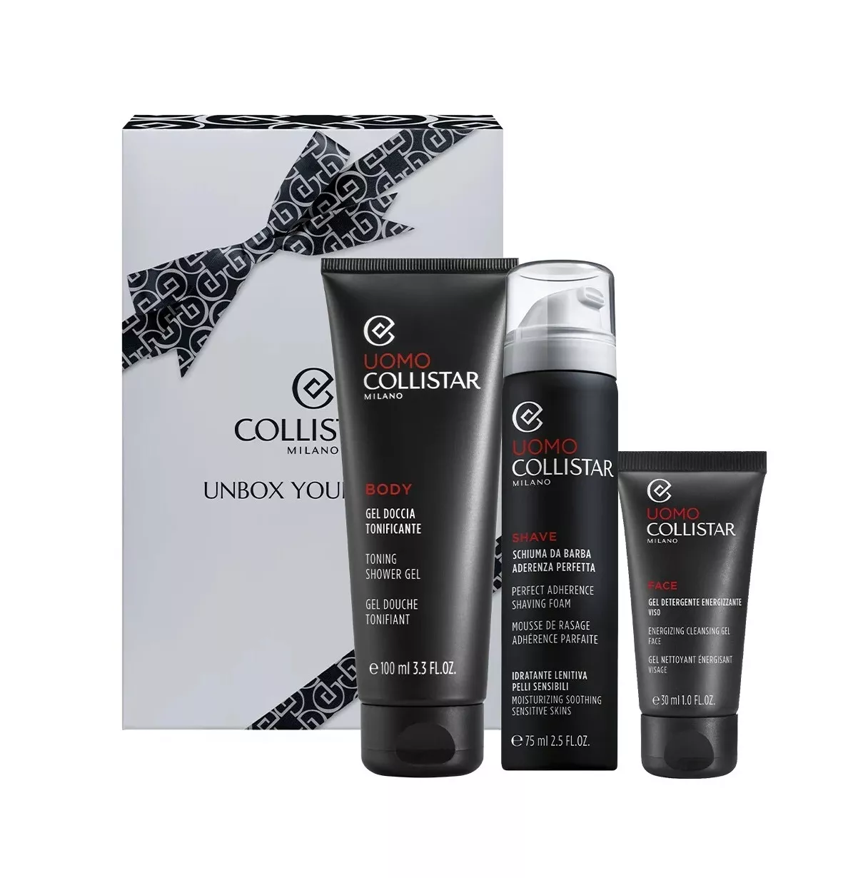 Collistar Uomo Unbox Your Style Perfect Adherence Shaving Foam For Sensitive Skin 75ml + Toning Shower Gel 100ml + Energizing Cleansing Gel