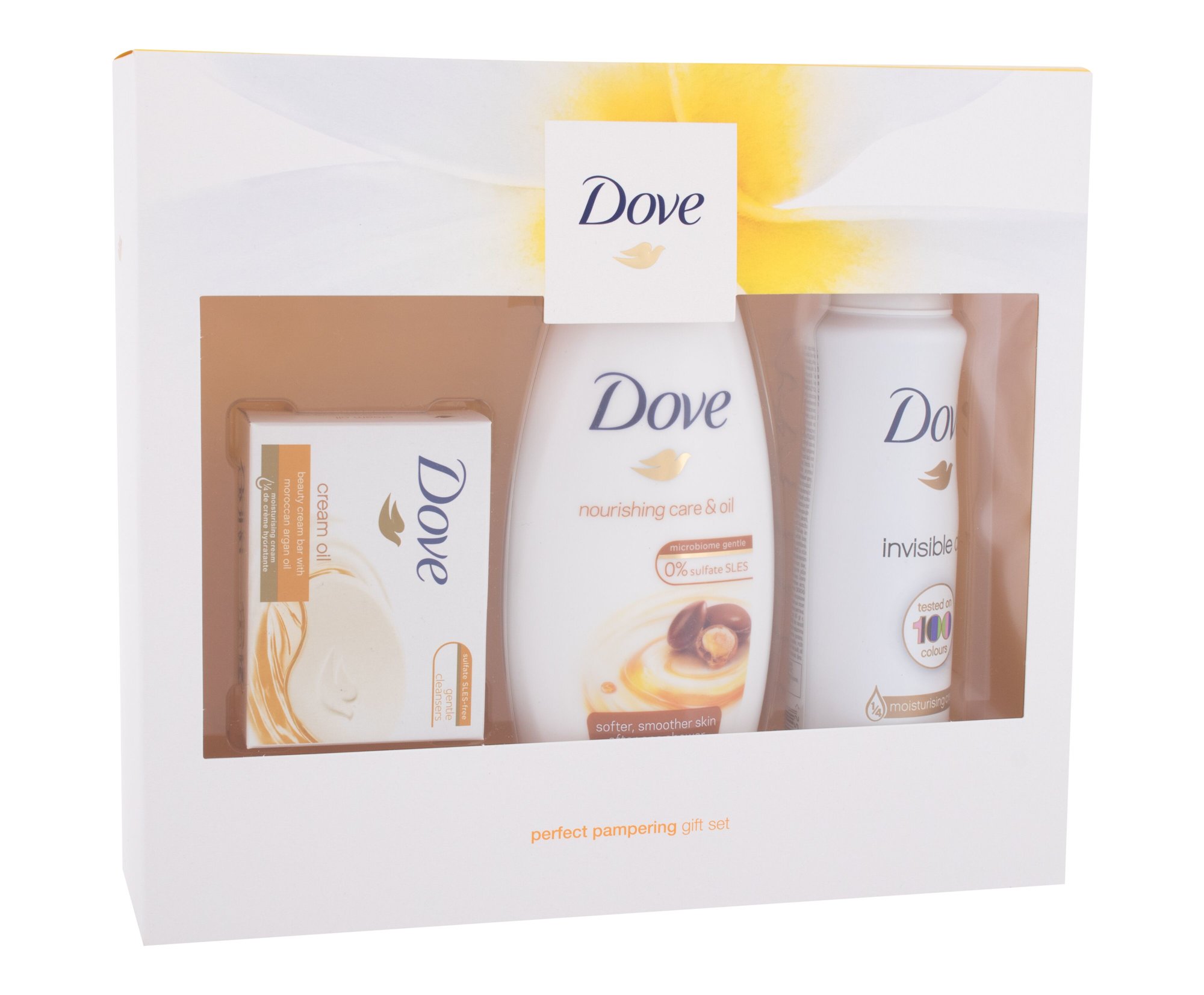 Dove Perfect Pampering Gift Set 250ml Shower Gel Nourishing Care & Oil 250 ml + Soap Cream Oil Moroccan Argan Oil 100 g + Antiperspirant Invisible Dry Clean Touch 150 ml dušo želė Rinkinys (Pažeista pakuotė)