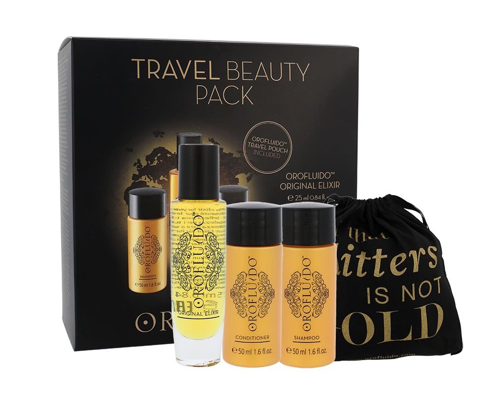 Orofluido Beauty Elixir 25ml Liquid gold Elixir 25 ml + shampoo 50 ml + conditioner 50 ml + sack plaukų aliejus Rinkinys (Pažeista pakuotė)