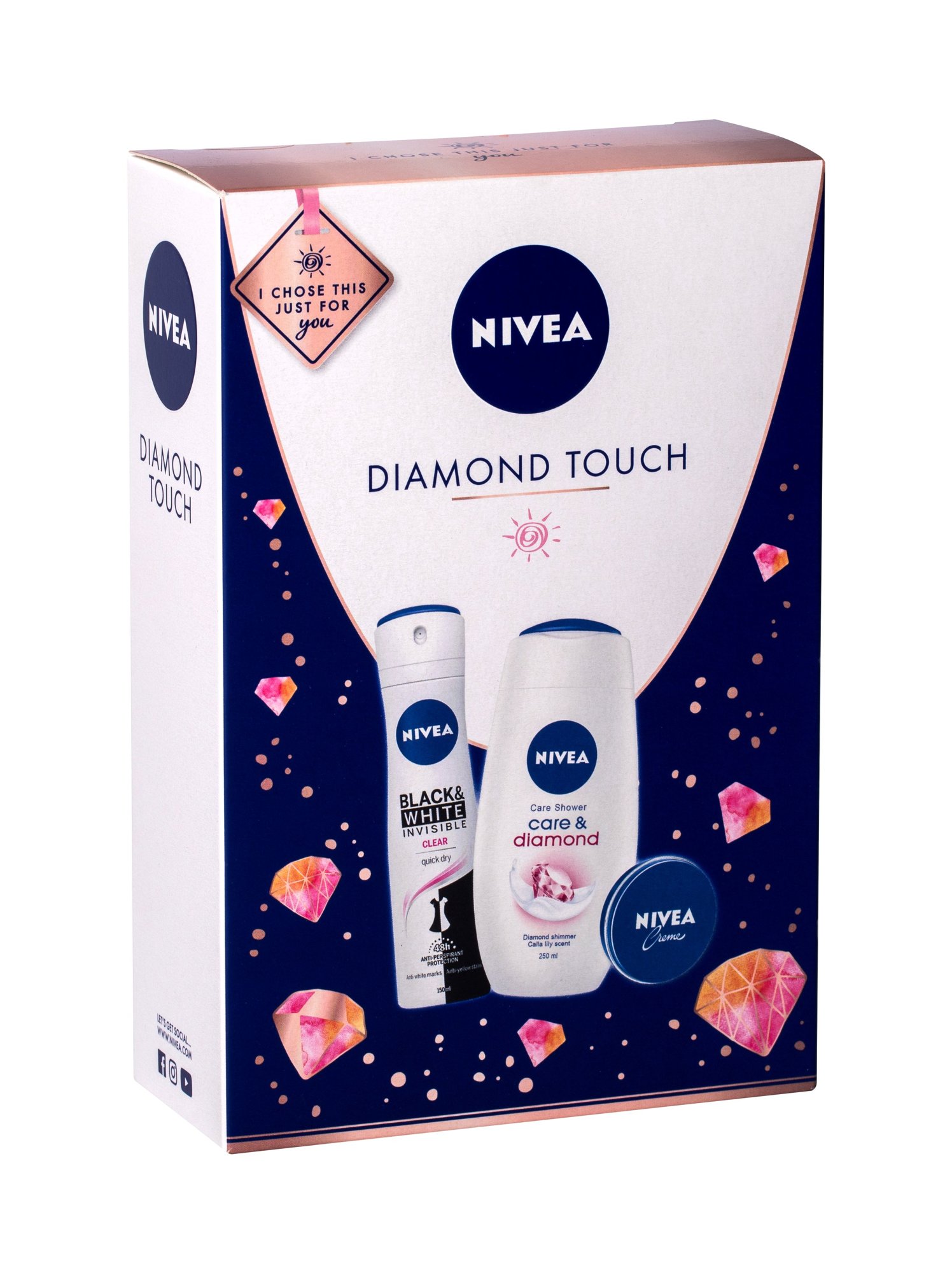 Nivea Care & Diamond 250ml Shower Cream 250 ml + Antiperspirant Black & White Invisible Clear 150 ml + Universal Cream 30 ml dušo kremas Rinkinys (Pažeista pakuotė)