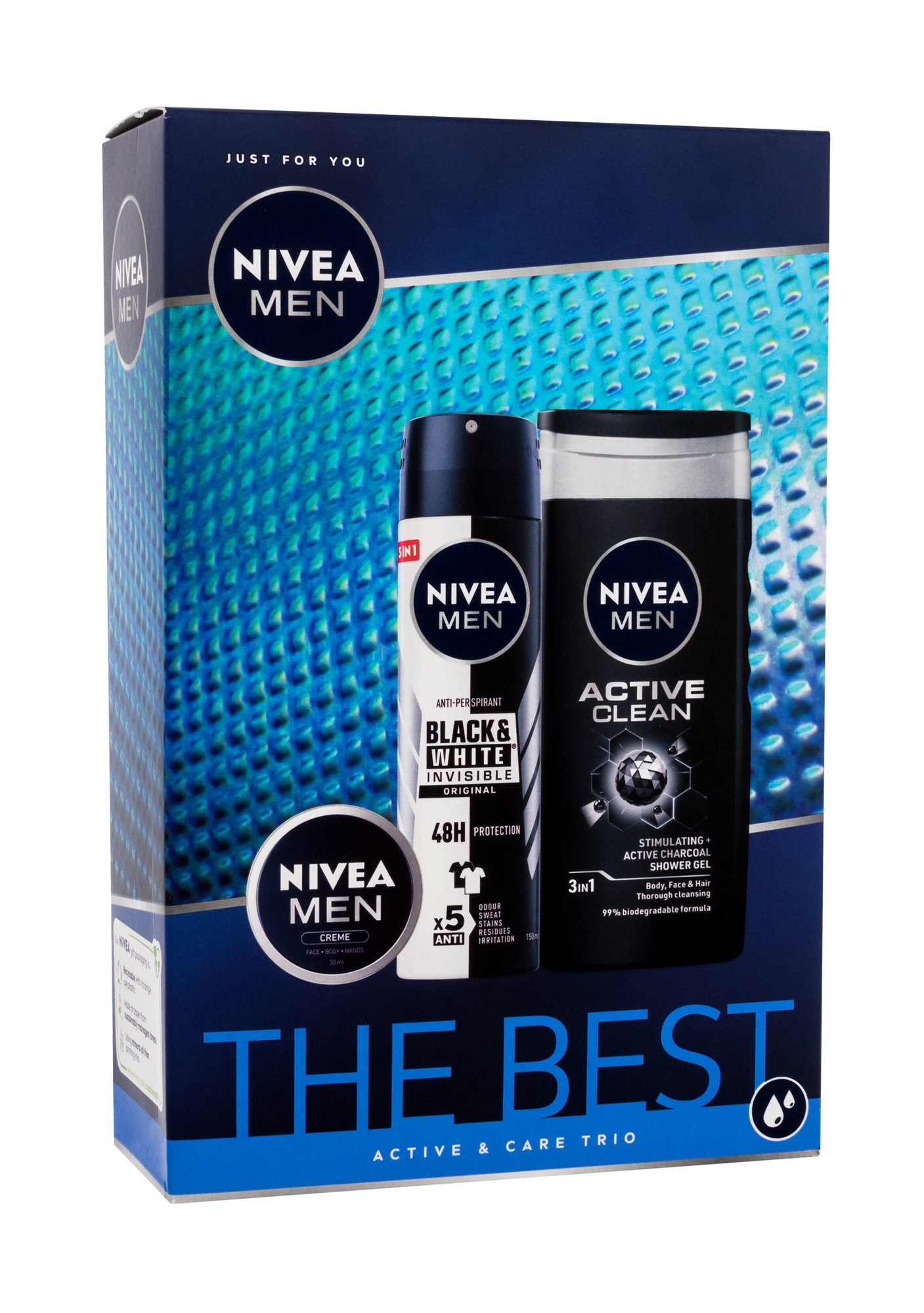 Nivea Men Active 250ml Shower Gel Men Active Clean 250 ml + Antiperspirant Men Invisible For Black & White Original 150 ml + Men Creme 30 ml dušo želė Rinkinys (Pažeista pakuotė)