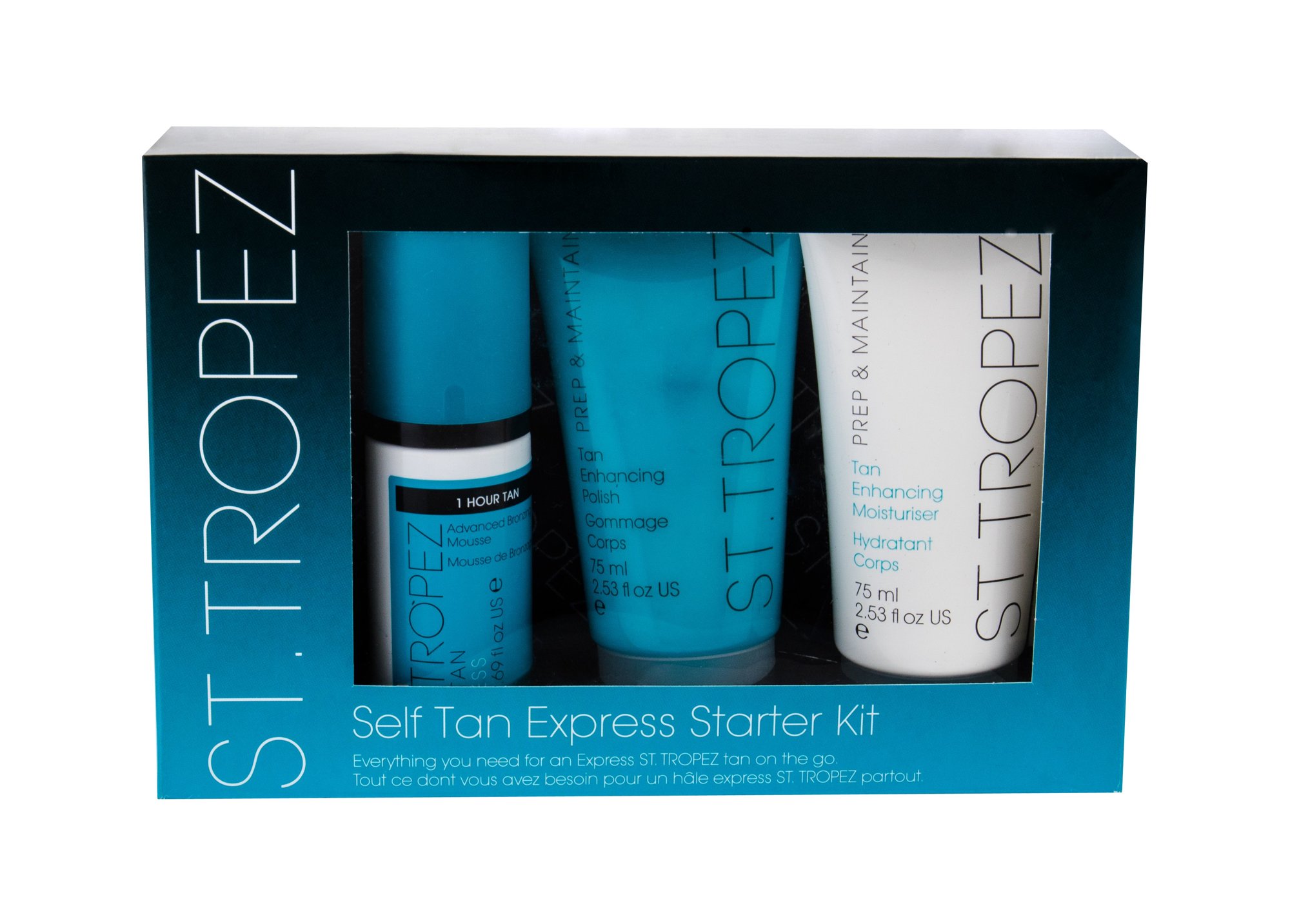St.Tropez Self Tan Express 50vnt Self-Tanning Foam 50 ml + Body Peeling Prep & Maintain 75 ml + Body Cream Prep & Maintain 75 ml + Applicator savaiminio įdegio kremas Rinkinys (Pažeista pakuotė)