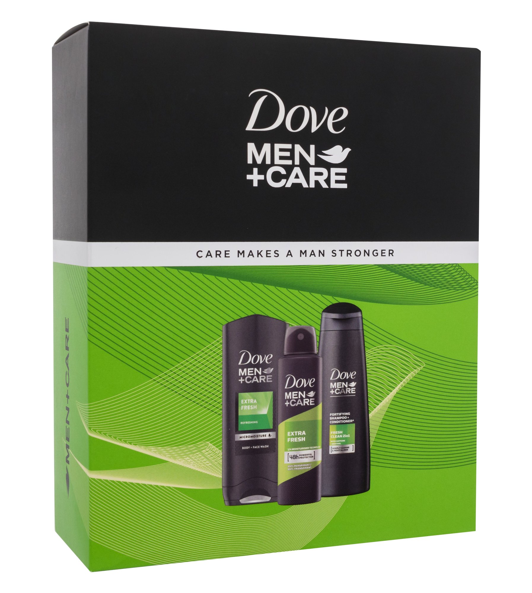 Dove Men + Care Extra Fresh 250ml Shower Gel Men+Care Extra Fresh 250 ml + Antiperspirant Men+Care Extra Fresh 150 ml + Shampoo Men+Care Fresh 250 ml dušo želė Rinkinys (Pažeista pakuotė)