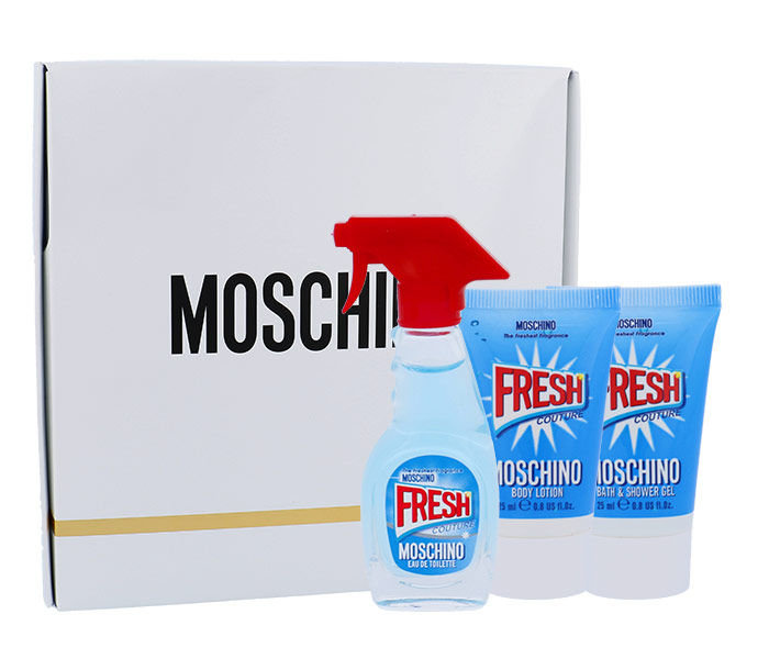 Moschino Fresh Couture 5ml edt 5 ml + shower gel 25 ml + body lotion 25 ml kvepalų mėginukas Moterims EDT Rinkinys (Pažeista pakuotė)