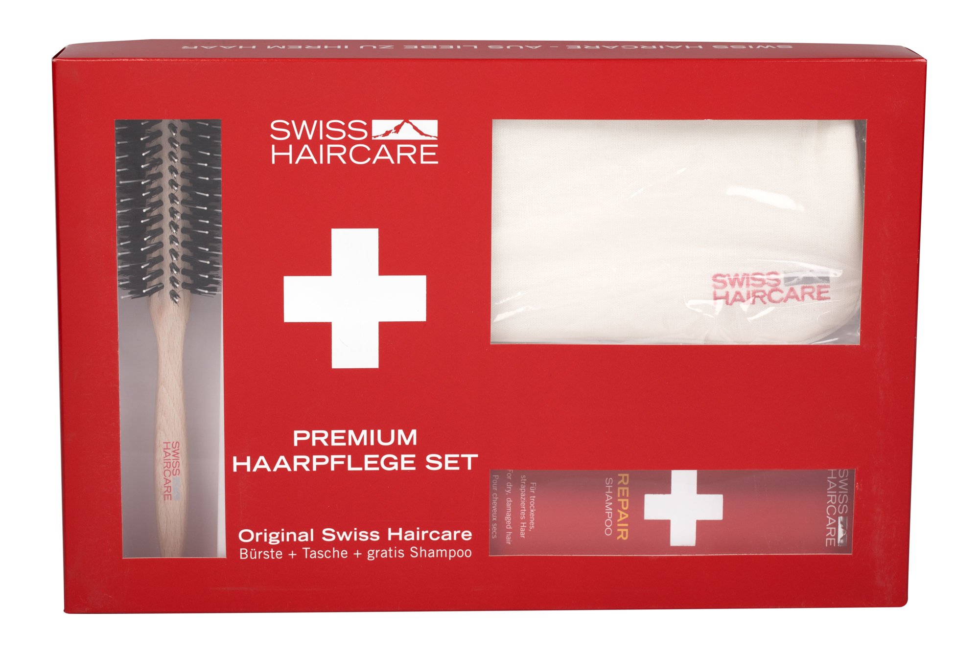 Swiss Haircare Premium 1vnt Round Brush + Bag + 200ml Repair Shampoo plaukų šepetys Rinkinys