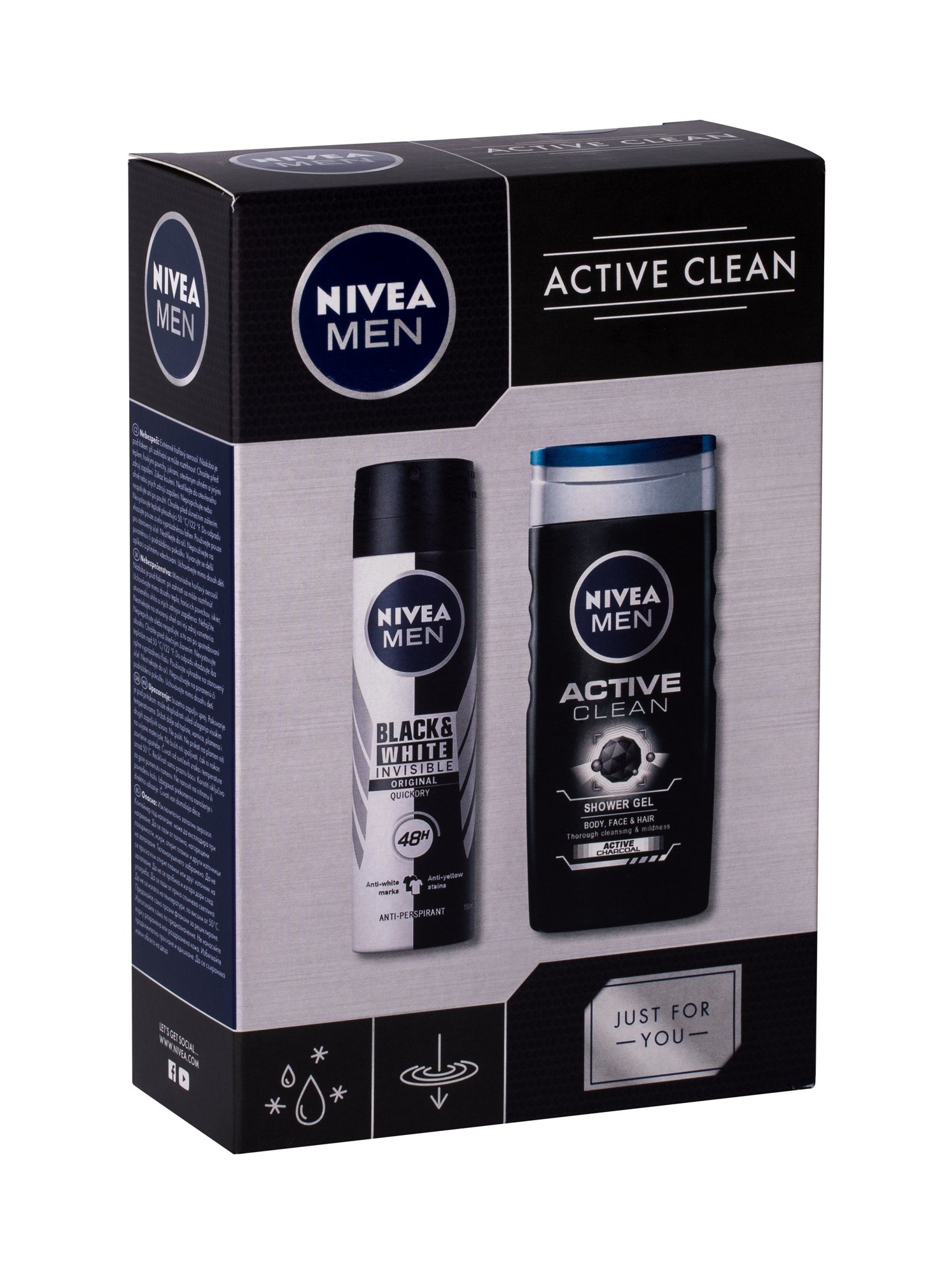 Nivea Men Active Clean 250ml Shower Gel 250 ml + Antiperspirant Black & White Invisible 150 ml dušo želė Rinkinys (Pažeista pakuotė)