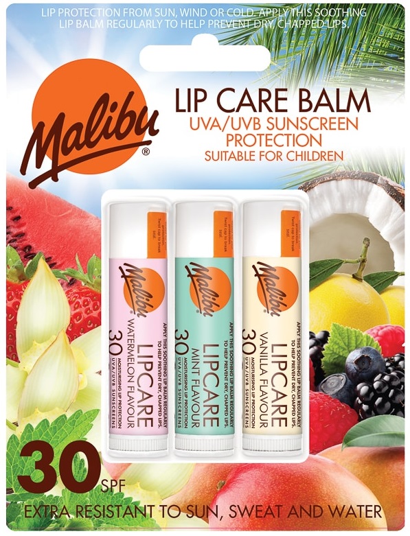 Malibu Lip Care 4g Malibu Lip Care set of lip balms spf 30 for women 3x4 g Watermelon, Mint, Vanilla įdegio losjonas Rinkinys