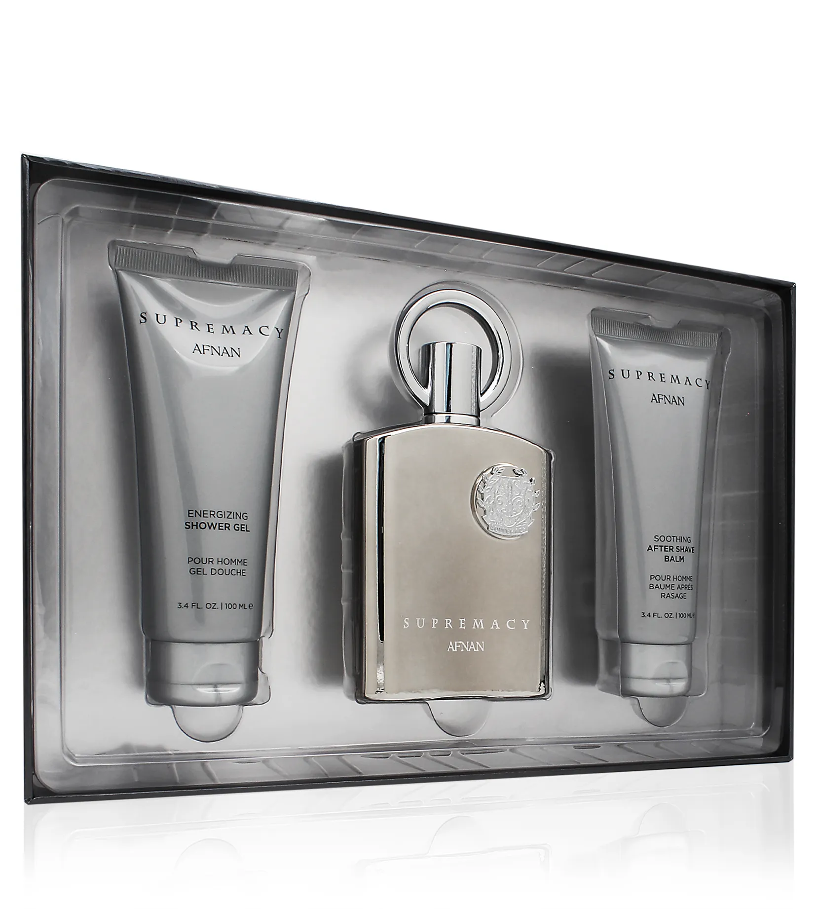 Afnan Supremacy Silver Afnan Supremacy Silver gift set for men eau de parfum 100 ml + shower gel 100 ml + aftershave balm 100 ml kvepalai Vyrams Rinkinys