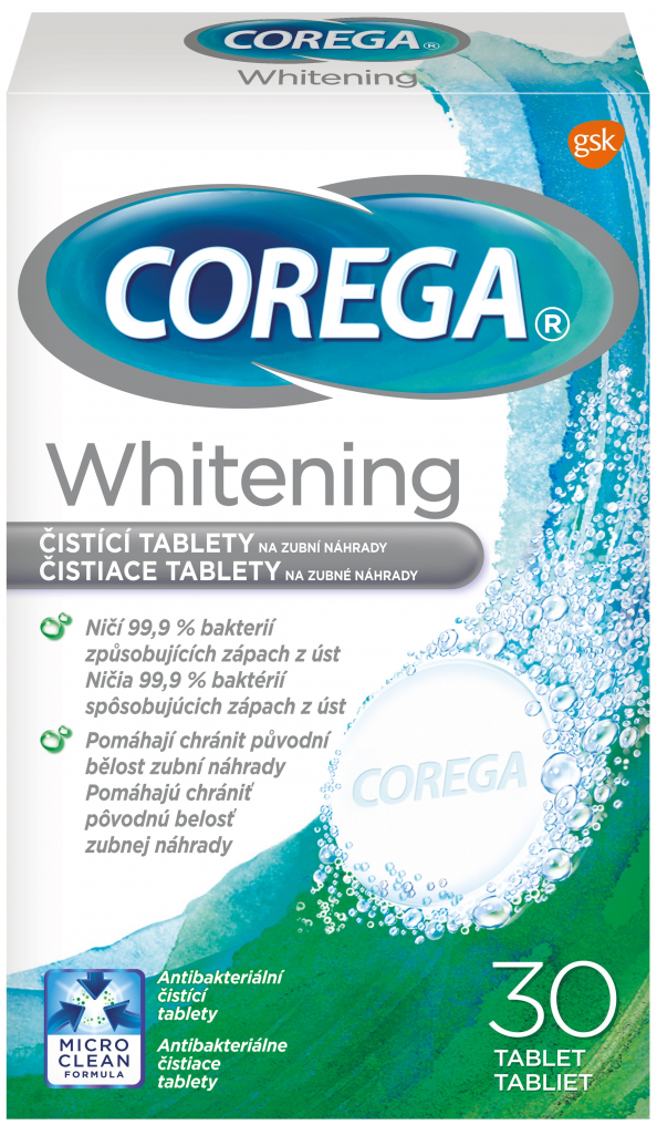 Corega Whitening 30ks specialios paskirties burnos priežiūros priemonė