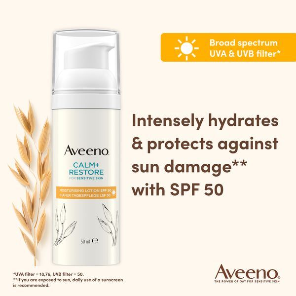 Aveeno Moisturizing Lotion SPF 50 Calm+Restore&trade; (Moisturising Lotion) 50 ml 50ml veido apsauga