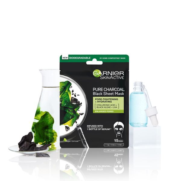 Garnier Black Textile Mask with Seaweed Extract Pure Charcoal Skin Natura l s (Black Tissue Mask) 28 g makiažo valiklis