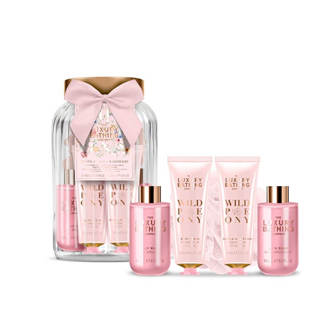 Grace Cole Peony & Peach Gift Set in Glass ( Pivoňka, Broskev & Malina ) - D&aacute;rkov&aacute; sada p&eacute;če ve skleněn&eacute; d&oacute;ze ( 5 ks ) Vonios ir du&scaron;o priemonė Moterims
