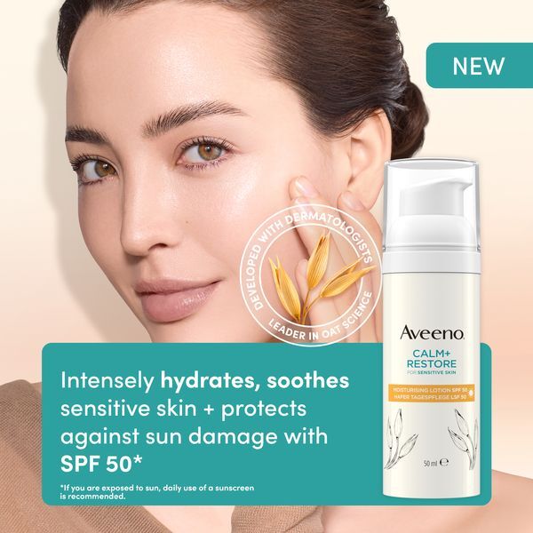 Aveeno Moisturizing Lotion SPF 50 Calm+Restore&trade; (Moisturising Lotion) 50 ml 50ml veido apsauga