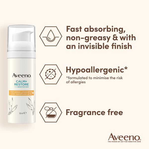 Aveeno Moisturizing Lotion SPF 50 Calm+Restore&trade; (Moisturising Lotion) 50 ml 50ml veido apsauga