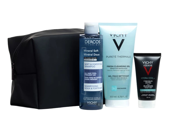 Vichy Homme Well-being Ritual Gift Set 200 ml Pureté Thermale Fresh Cleansing Gel 200 ml + Dercos Mineral Shampoo 200 ml + Homme Hydra Cool+ Hydrating Gel Ice Shot 50 ml + Kosmetinė Vyrams Rinkinys Vichy Homme Well-being Ritual Gift Set 200 ml Pureté Thermale Fresh Cleansing Gel 200 ml + Dercos Mineral Shampoo 200 ml + Homme Hydra Cool+ Hydrating Gel Ice Shot 50 ml + Kosmetinė Vyrams Rinkinys