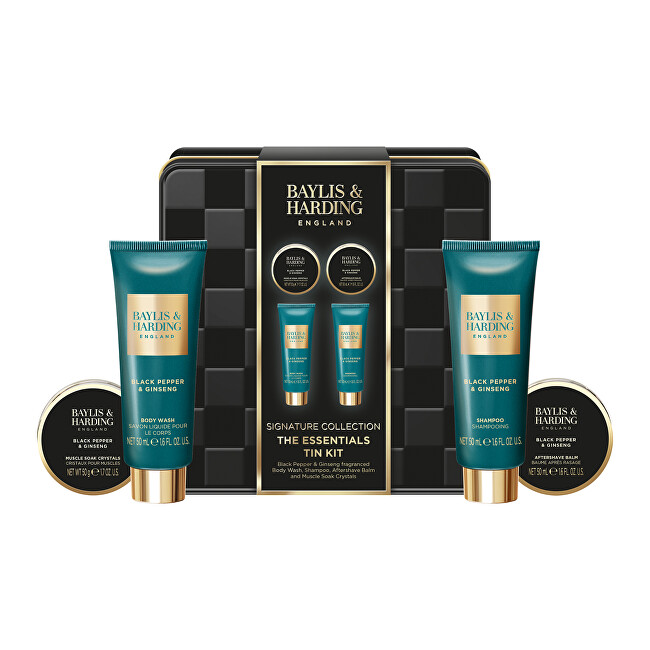 Baylis & Harding Man Body Care Gift Set in a Tin Box ( Black Pepper & Ginseng ) - D&aacute;rkov&aacute; sada v plechov&eacute; d&oacute;ze ( 4 ks ) Vonios ir du&scaron;o priemonė Vyrams