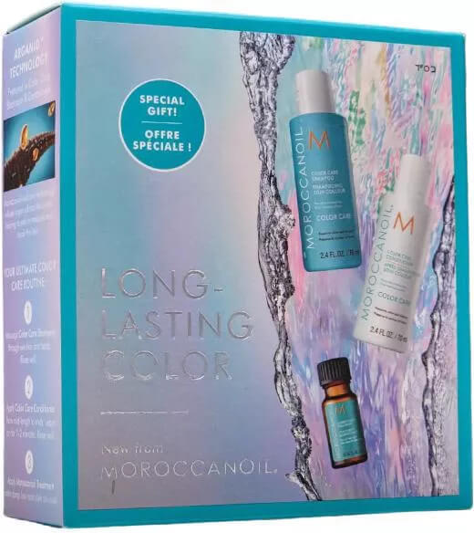 Moroccanoil Long Lasting Color Gift Set 70 ml Moisturizing shampoo for colored hair Color Care (Shampoo) 70 ml + Moisturizing conditioner for colored hair Color Care (Conditioner) 70 ml + Oil for all hair types (Treatment For All Hair Types) 10 ml Moterims Rinkinys
