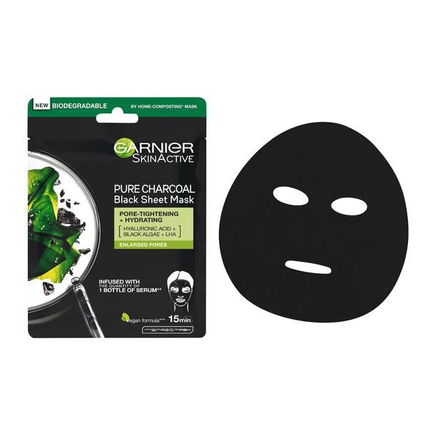 Garnier Black Textile Mask with Seaweed Extract Pure Charcoal Skin Natura l s (Black Tissue Mask) 28 g makiažo valiklis