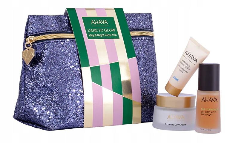 Ahava Day & Night Glow Trio Set Ahava: Extreme , Day, Cream, For Face, 50 ml + Time To Revitalize Extreme, Anti-Aging, Night, Local Treatment Serum, For Face, 30 ml + Refresing, Eliminates Impurities, Cleansing Gel, For Face, 15 ml + Ahava, GWP Textile Pouch Veido priežiūra nuo senėjimo Moterims