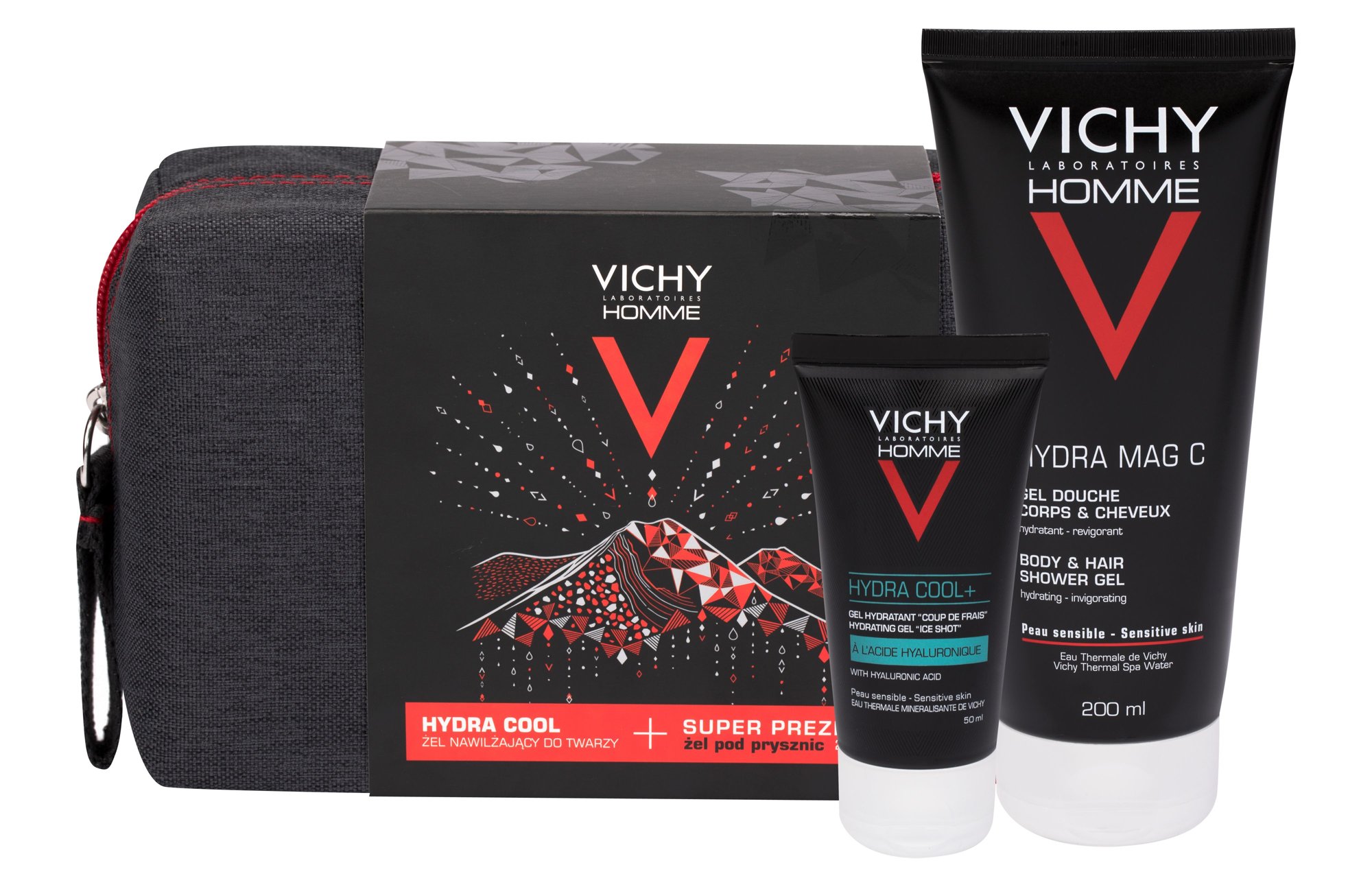 Vichy Homme Hydra Cool+ 50ml Hydrating Gel 50 ml + Shower Gel Hydra Mag C 200 ml + Cosmetic Bag veido gelis Rinkinys