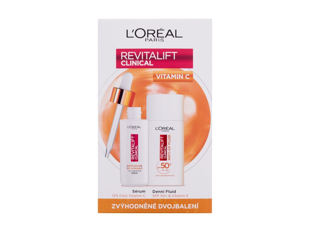 L'Oréal Paris Revitalift Clinical Vitamin C 50ml Revitalift Clinical Vitamin C Serum 30 ml + Daily Facial Cream Revitalift Clinical Vitamin C Anti-UV Fluid SPF50 50 ml Veido serumas Rinkinys (Pažeista pakuotė)