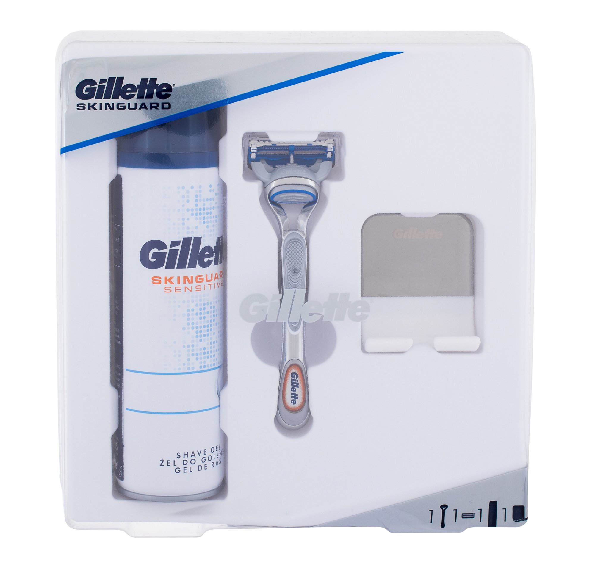 Gillette Skinguard Sensitive 1vnt Skinguard Sensitive Razor 1 pc + Skinguard Sensitive Shaving Gel 200 ml + Holder skustuvas Rinkinys (Pažeista pakuotė)