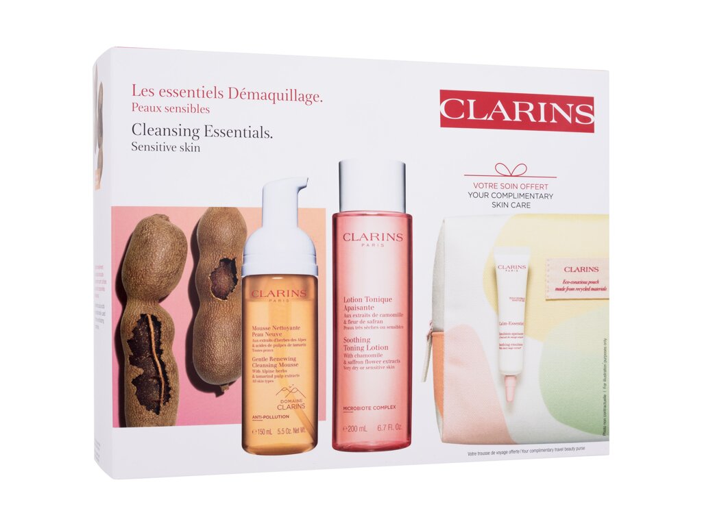 Clarins Cleansing Essentials 200ml Soothing Toning Lotion 200 ml + Gentle Renewing Cleansing Mousse 150 ml + Calm-Essentiel Soothing Emulsion 10 ml + Cosmetic Bag veido losjonas Rinkinys