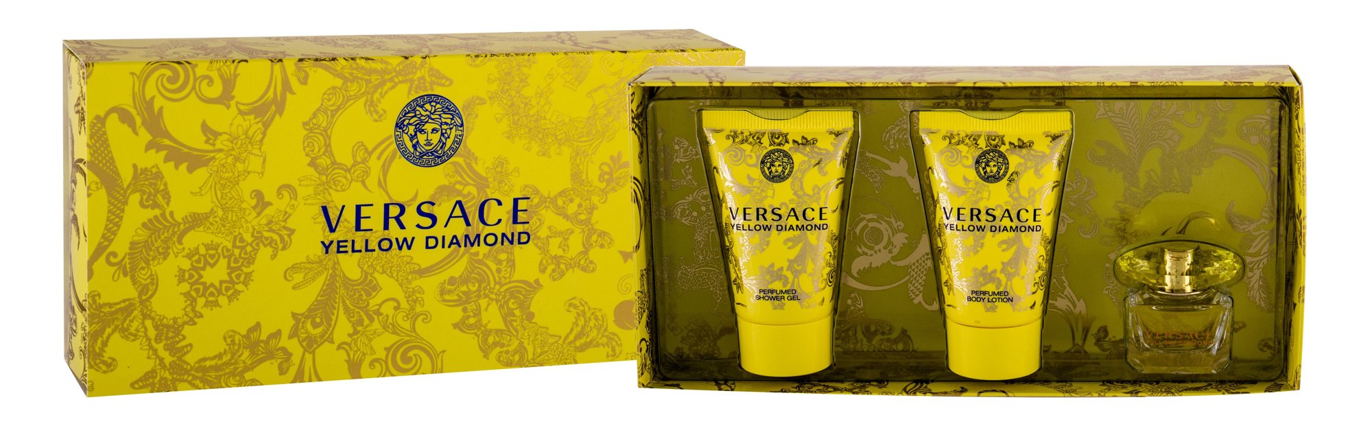 Versace Yellow Diamond 5ml Edt 5 ml + Body Lotion 25 ml + Shower Gel 25 ml kvepalų mėginukas Moterims EDT Rinkinys (Pažeista pakuotė)