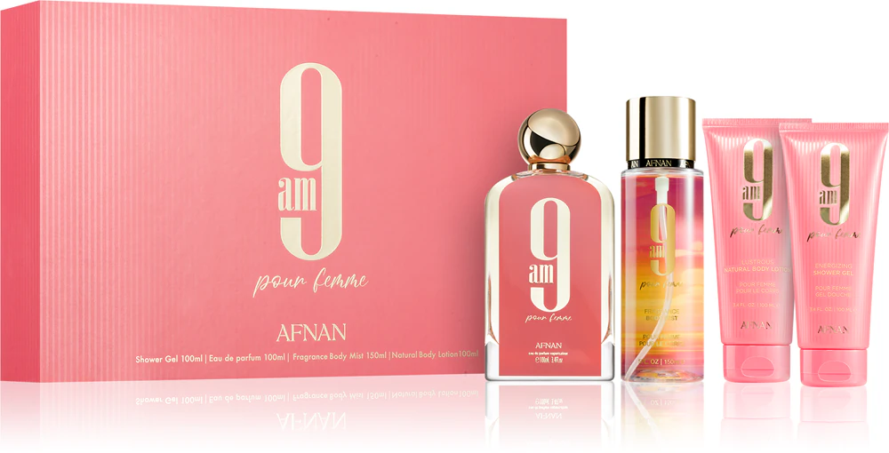 Afnan 9 AM Pour Femme 100ml kvepalai EDP 100 ml + kūno pur&scaron;kiklis 150 ml + kvapusis kūno losjonas 100 ml + kvapioji du&scaron;o želė 100 ml Kvepalai Unisex EDP Rinkinys