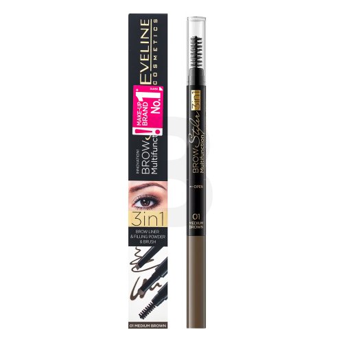 Eveline Brow Styler Multifunction 3in1 01 Medium Brown Dekoratyvinė kosmetika