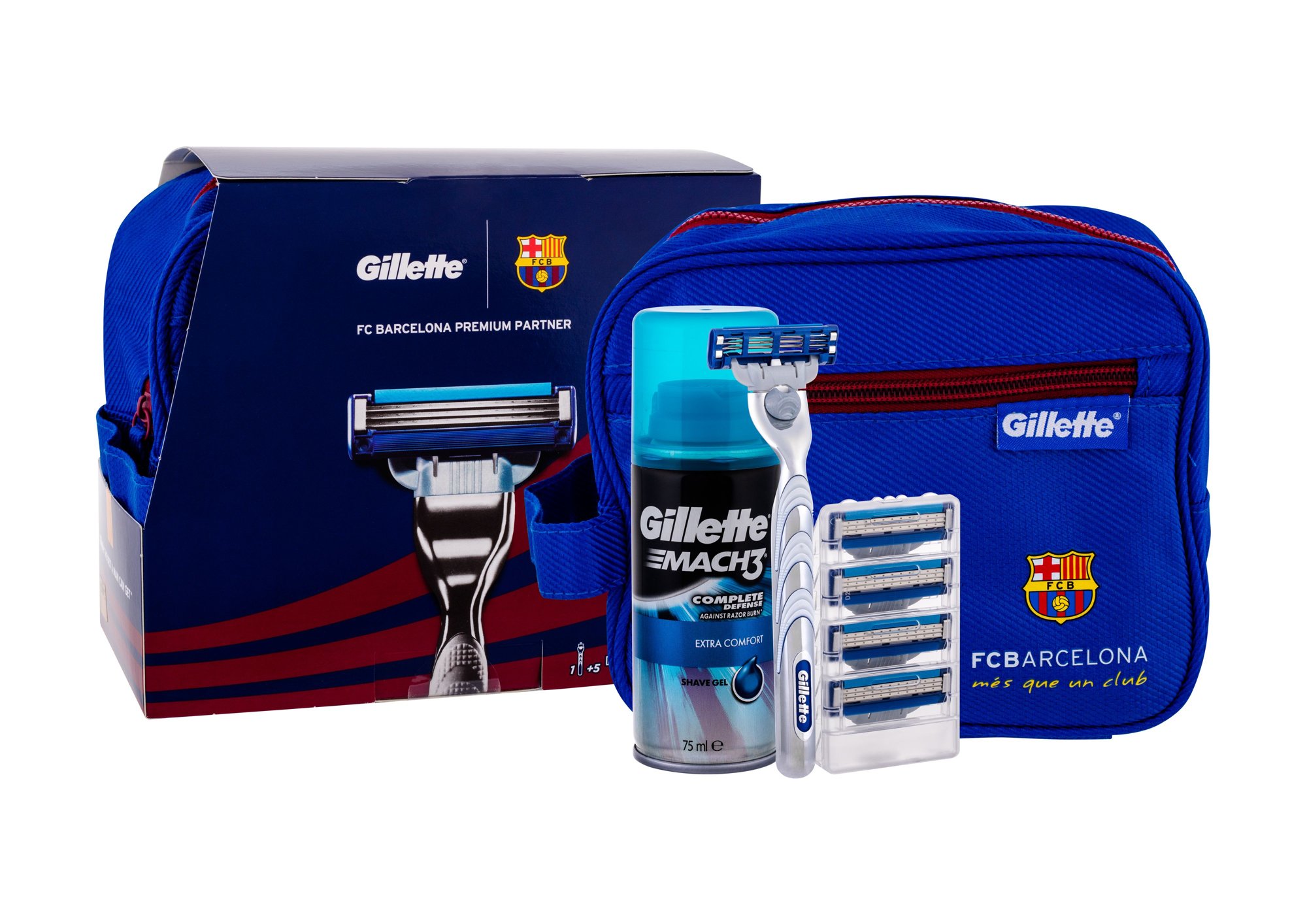 Gillette Mach3 Turbo FC Barcelona 1vnt Shave Machine With One Head 1 pcs + Spare Heads 4 pcs + Shave Gel Extra Comfort 75 ml + Cosmetic Bag skustuvas Rinkinys
