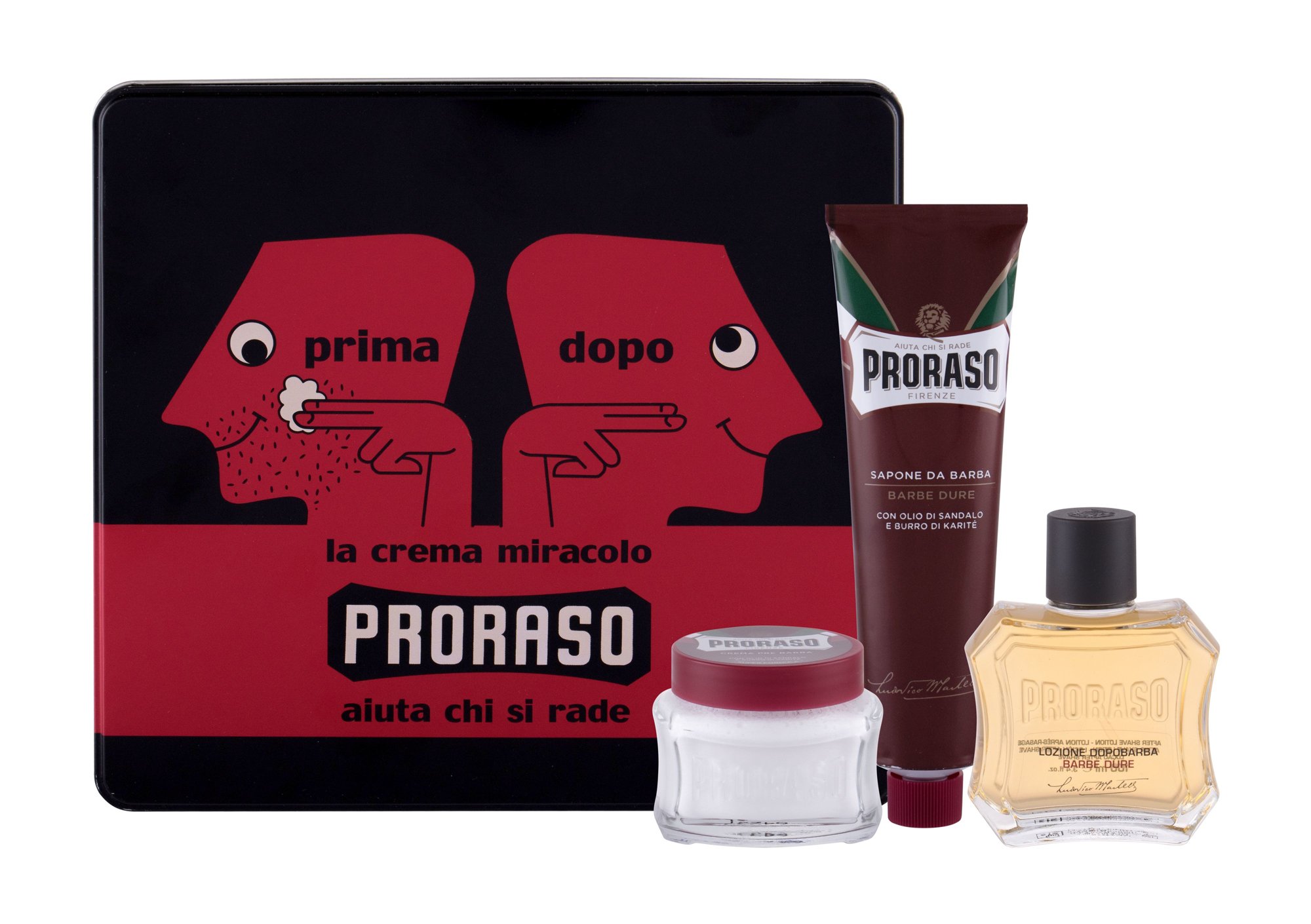PRORASO Red After Shave Lotion 100ml Aftershave Water 100 ml + Shaving Cream 150 ml + Before-shaving Cream 100 ml + Jar vanduo po skutimosi Rinkinys