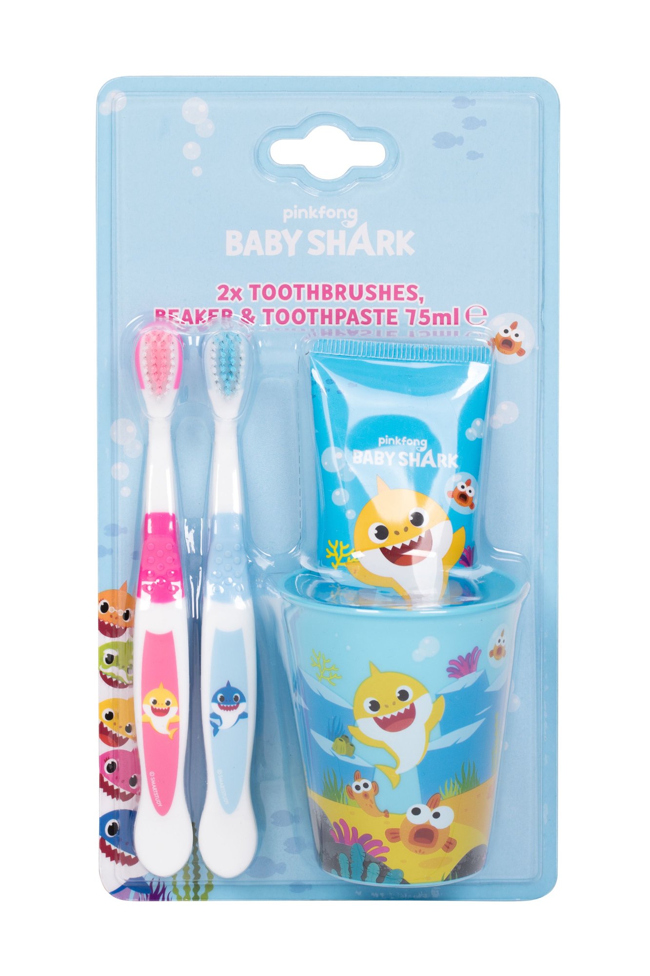 Pinkfong Baby Shark 75ml Tooth Paste 75 ml + Tooth Brush 2 pc + Toothbrush Cup dantų pasta Rinkinys (Pažeista pakuotė)