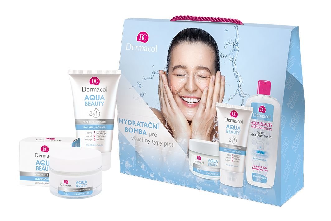 Dermacol Aqua Beauty 50ml Moisturizing Cream 50 ml +Face Cleansing Gel 3 in 1 150 ml + Micellar Lotion 400 ml dieninis kremas Rinkinys
