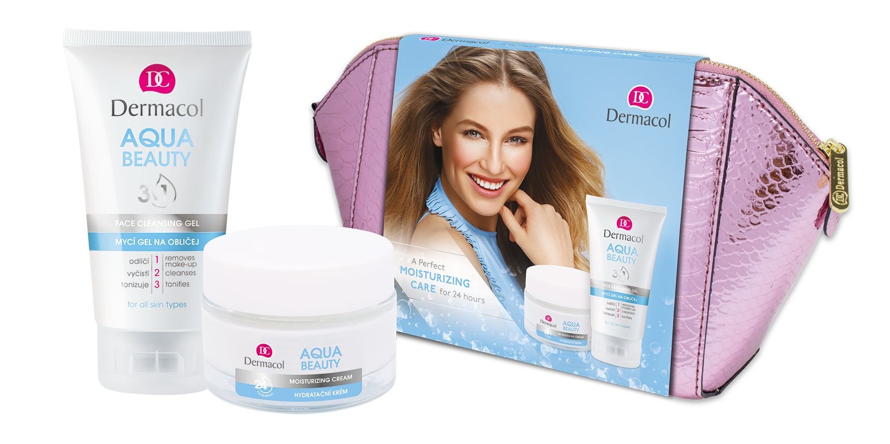 Dermacol Aqua Beauty 50ml Daily Facial Care 50 ml + Facial Washing Gel 3in1 150 ml + Cosmetic Bag dieninis kremas Rinkinys