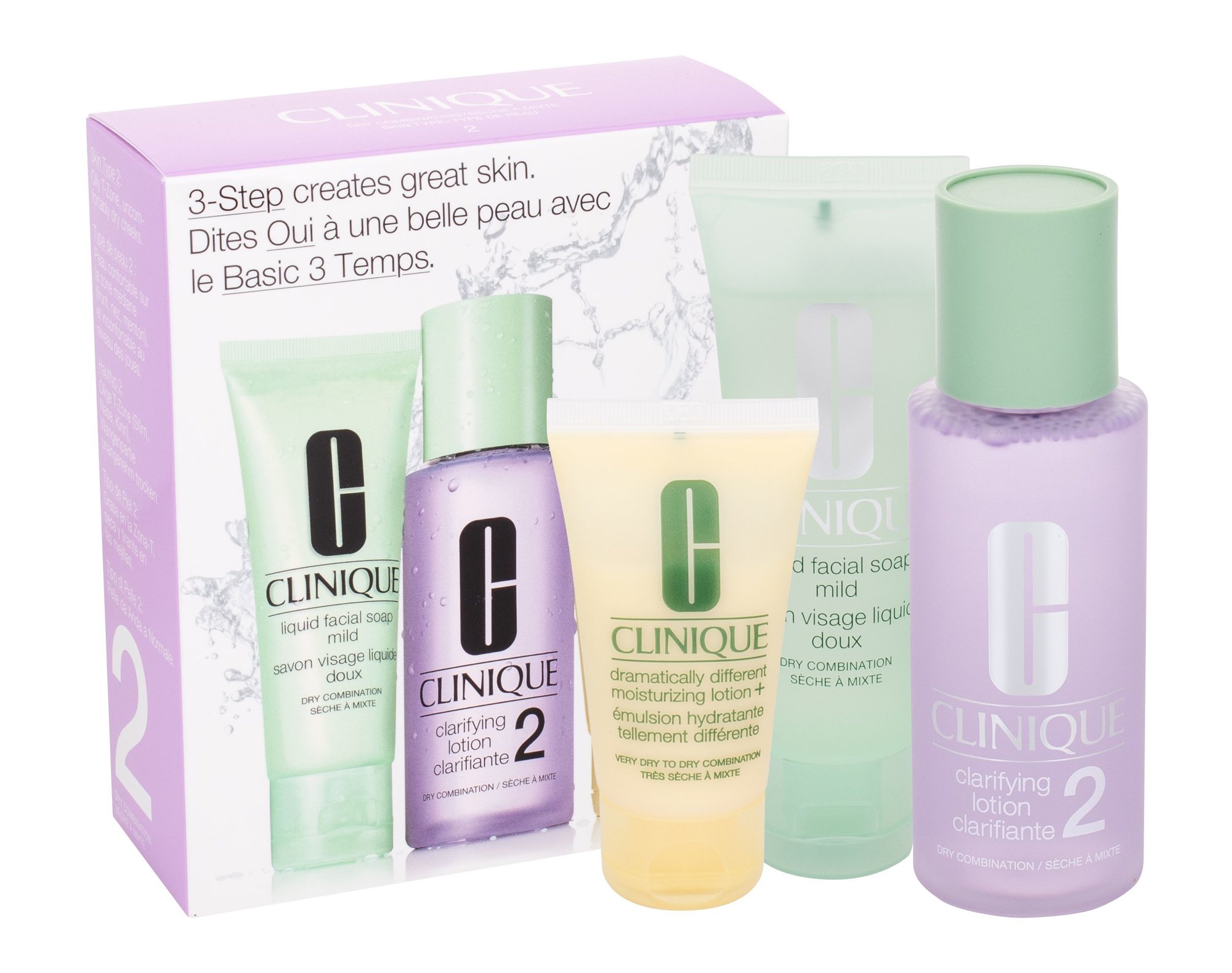 Clinique 3-Step Skin Care 2 100ml Clarifying Lotion 100 ml + Liquid Facial Soap Mild 50 ml + Moisturizing Preparation DDML 30 ml valomasis vanduo veidui Rinkinys (Pažeista pakuotė)