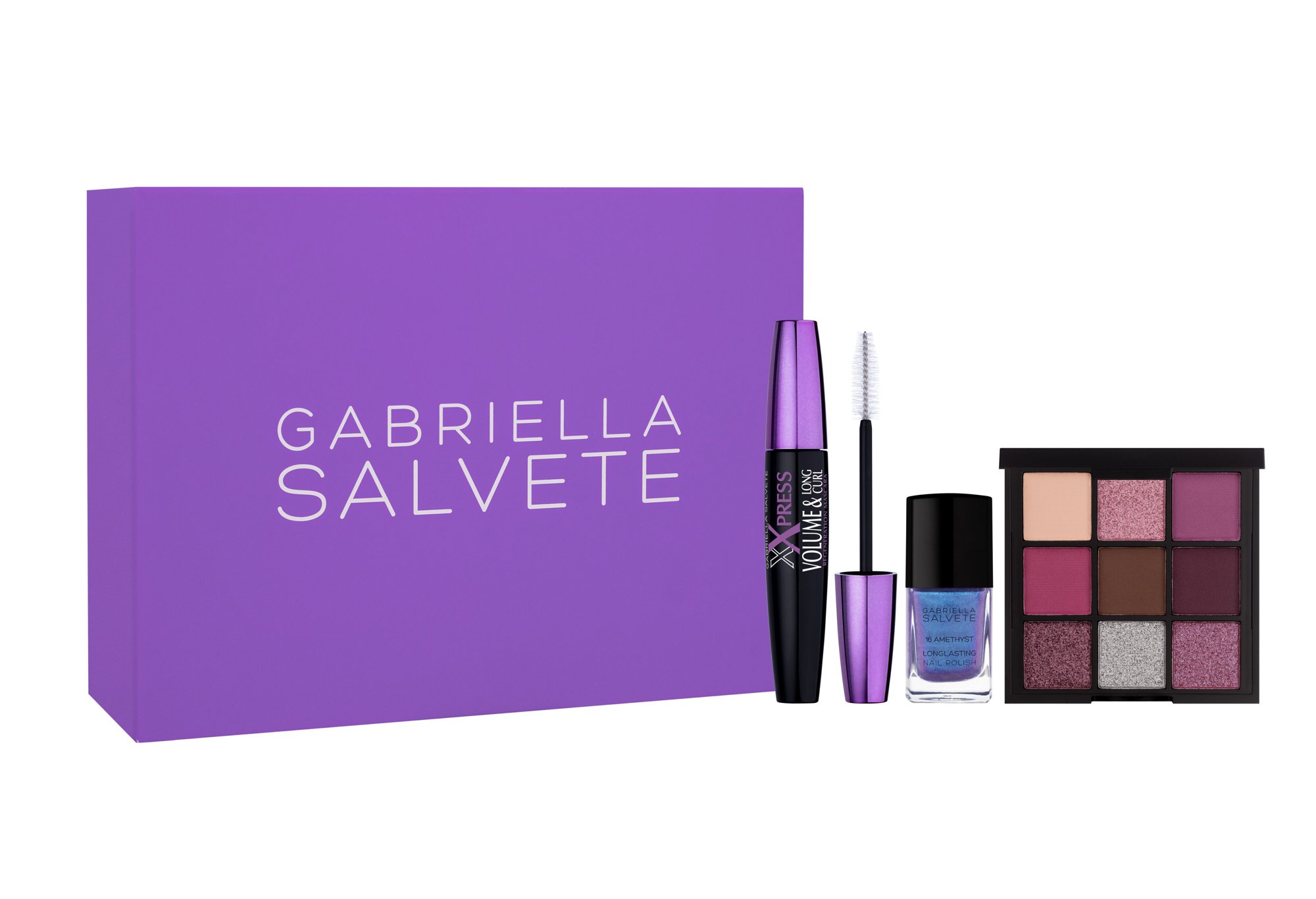 Gabriella Salvete Violet Gift Set 11ml xXpress Volume & Long Curl Mascara 11 ml + Diamante Eyeshadow Palette 9 g Violet + Longlasting Enamel 11 ml No. 16 Amethyst kosmetika moterims Rinkinys (Pažeista pakuotė)